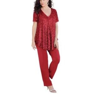 Roaman's Plus-Sz 20W 2-Piece Short Sleeve Sequin Top & Pant Set Holidays Glam
